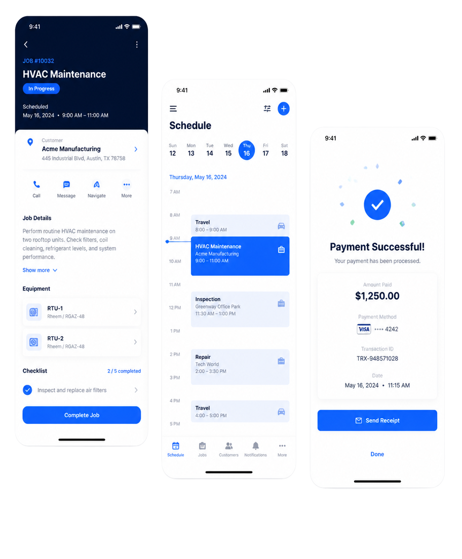 Servn mobile app job card, day schedule and payment confirmation screens